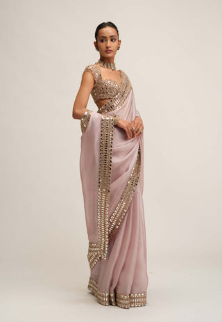 Ash pink satin organza sari set