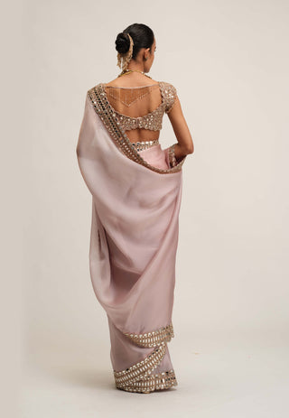Ash pink satin organza sari set