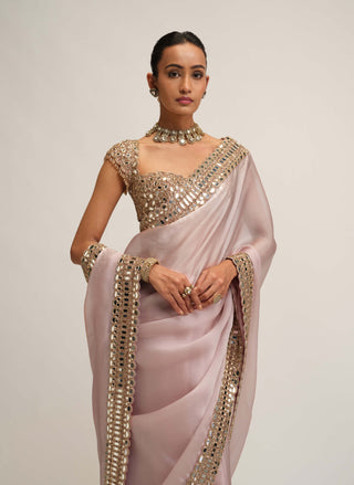 Ash pink satin organza sari set