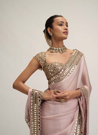Ash pink satin organza sari set