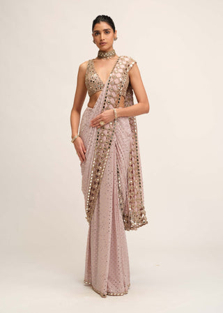 Ash pink cutwork border sari set