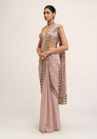 Ash pink cutwork border sari set