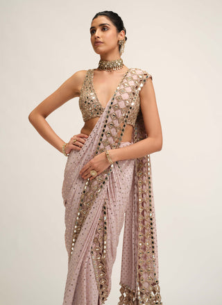 Ash pink cutwork border sari set