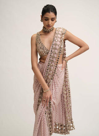 Ash pink cutwork border sari set