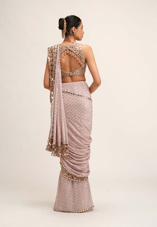 Ash pink cutwork border sari set