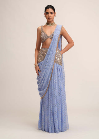 Dew blue draped sari set