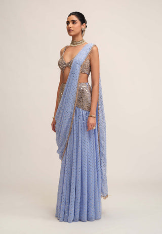 Dew blue draped sari set