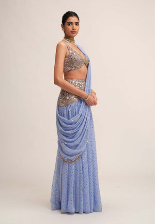 Dew blue draped sari set