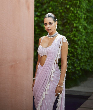 Lavender draped georgette sari and blouse