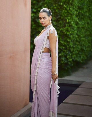 Lavender draped georgette sari and blouse