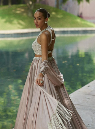 Ash pink satin skirt set