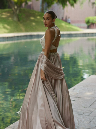 Ash pink satin skirt set