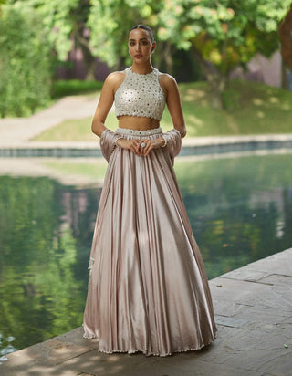 Ash pink satin skirt set