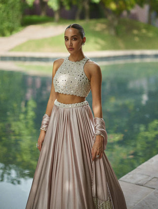 Ash pink satin skirt set