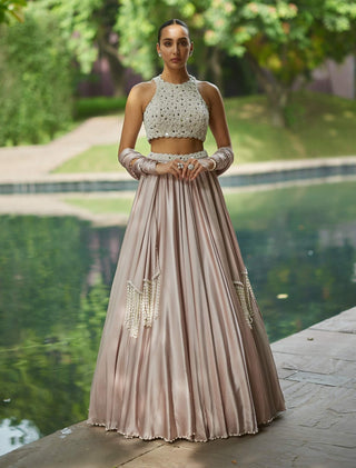 Ash pink satin skirt set