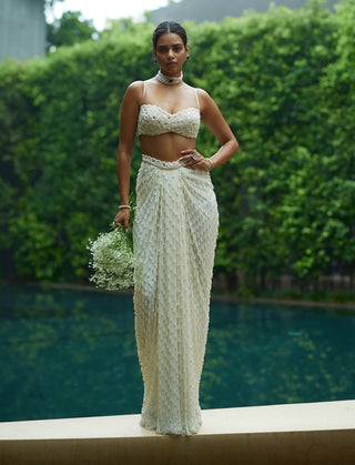 Pearl white dense drop draped skirt set