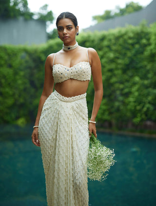 Pearl white dense drop draped skirt set
