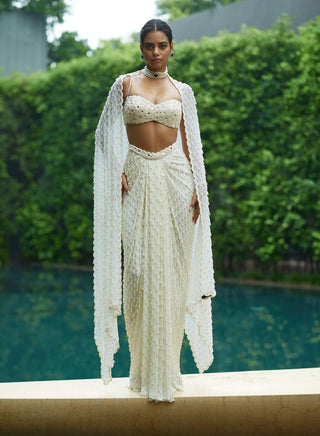 Pearl white dense drop draped skirt set
