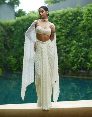 Pearl white dense drop draped skirt set