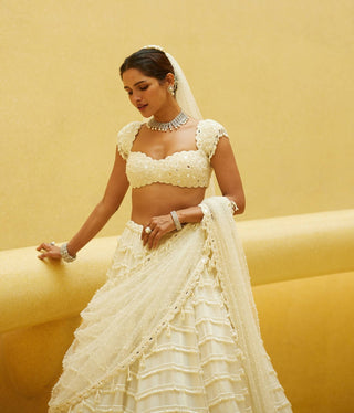 Off-white mirror and pearl drop bridal lehenga set