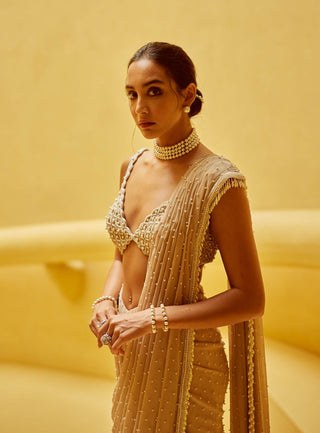 Light beige draped sari and blouse