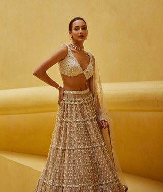 Light beige pearl drop multi tier lehenga set