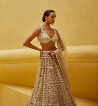 Light beige pearl drop multi tier lehenga set