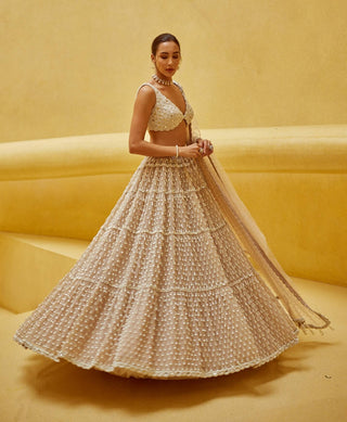 Light beige pearl drop multi tier lehenga set