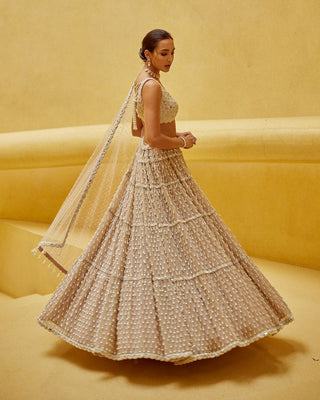 Light beige pearl drop multi tier lehenga set