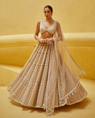 Light beige pearl drop multi tier lehenga set