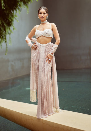 Ash pink pearl scattered draped skirt set