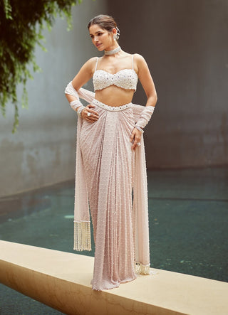 Ash pink pearl scattered draped skirt set