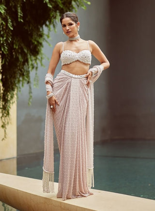 Ash pink pearl scattered draped skirt set