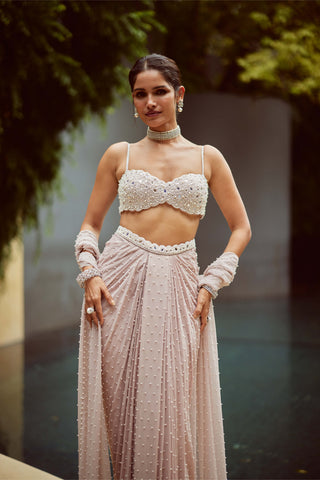 Ash pink pearl scattered draped skirt set