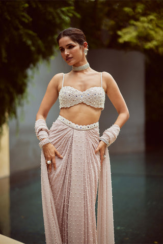 Ash pink pearl scattered draped skirt set