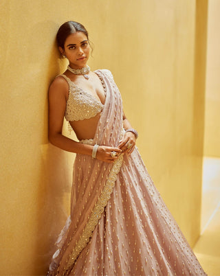 Ash pink pearl drop organza lehenga set