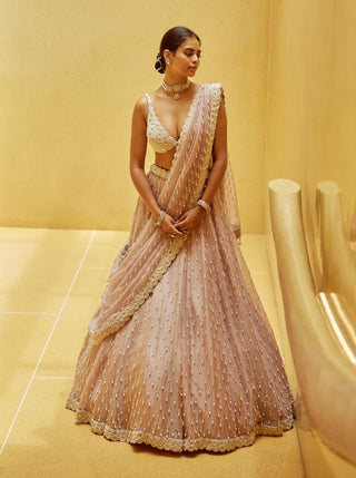 Ash pink pearl drop organza lehenga set