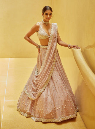 Ash pink pearl drop organza lehenga set
