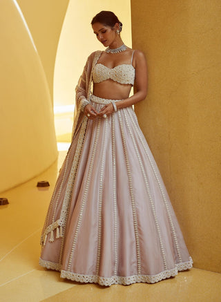 Ash pink linear embroidered organza lehenga set