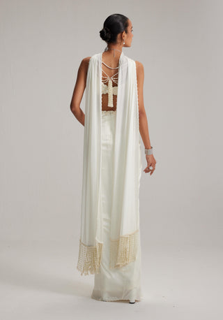 Off-white satin draped skirt set