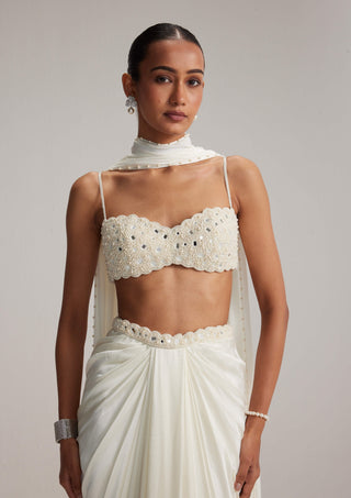 Off-white satin draped skirt set