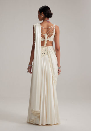 Off-white pearl and mirror satin draped sari set