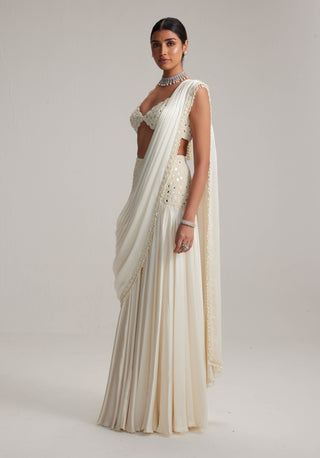 Off-white pearl and mirror satin draped sari set