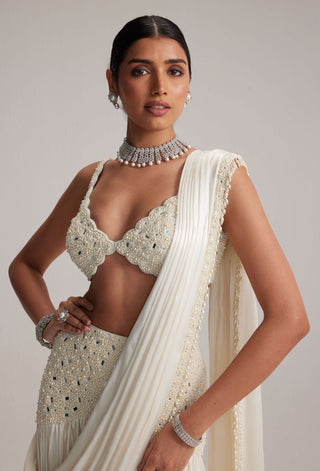 Off-white pearl and mirror satin draped sari set