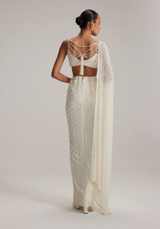 Pearl white dense drop draped skirt set