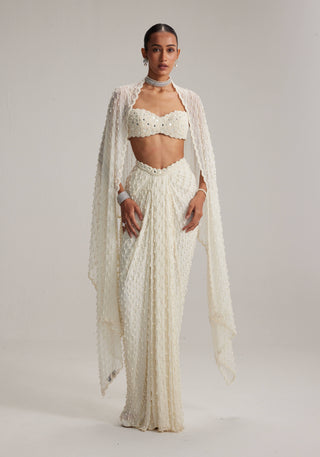 Pearl white dense drop draped skirt set