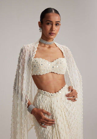 Pearl white dense drop draped skirt set