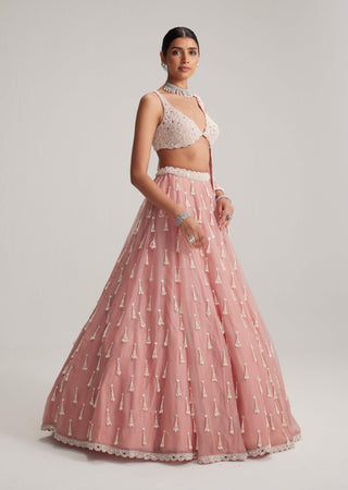Dusty rose organza long pearl tassels lehenga set