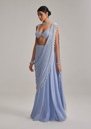 Dew blue linear mirror embroidered draped sari and blouse