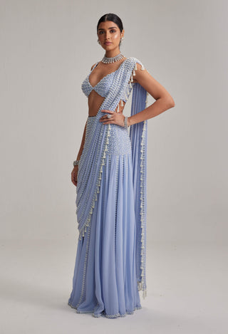 Dew blue linear mirror embroidered draped sari and blouse